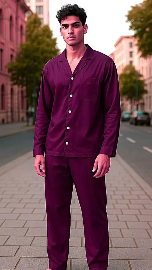 Man wearing dark purple button-up casual outfit standing on city street with blurred buildings and trees