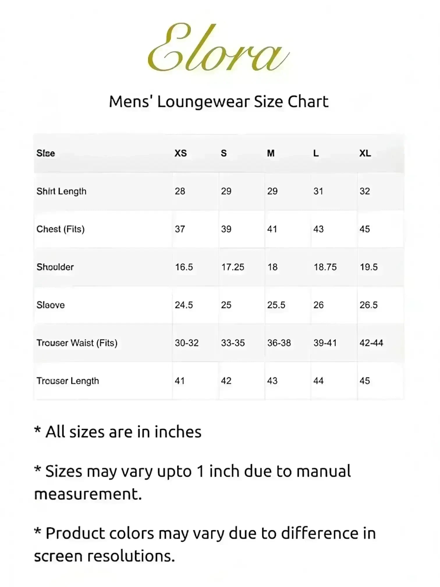 Elora men's loungewear size chart with measurements for XS to XL in inches