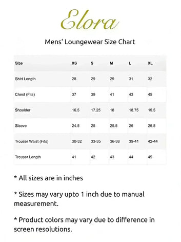 Elora men's loungewear size chart with measurements for XS to XL in inches