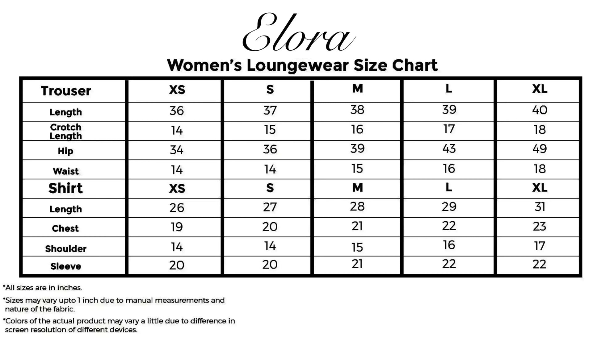 Elora women's loungewear size chart with measurements for trousers and shirts in XS to XL sizes