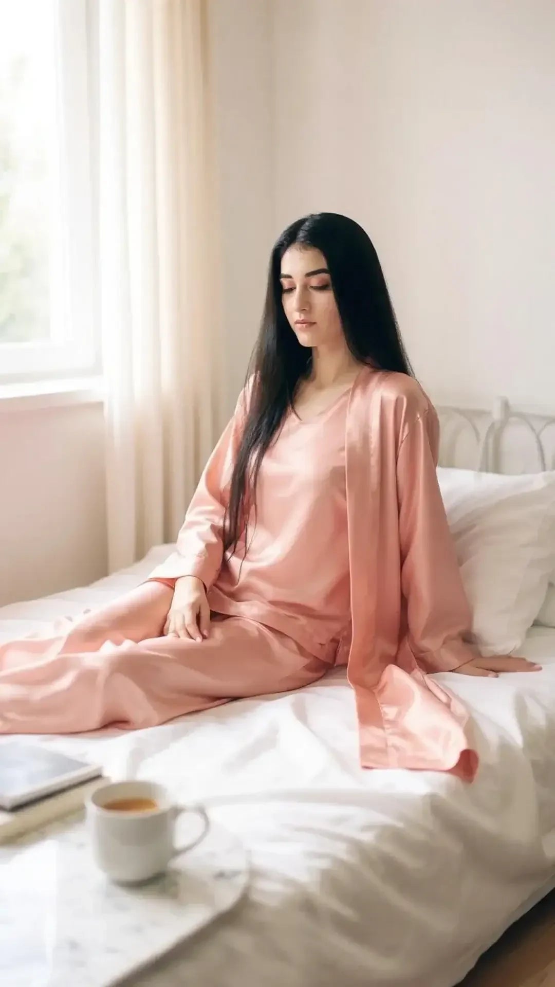 Woman in pink satin pajamas sitting on white bed near window with coffee cup and book