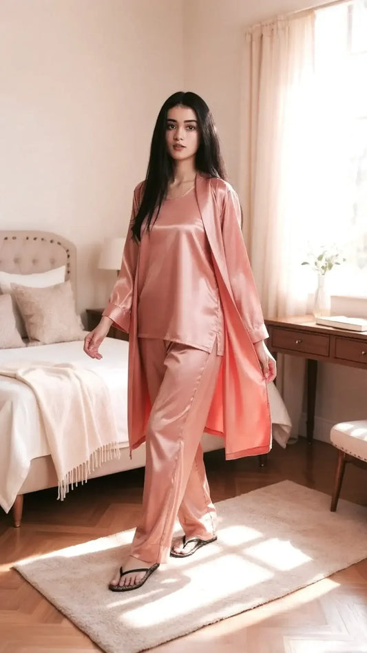 Woman in blush pink satin loungewear walking in cozy bedroom with beige decor and wooden floor