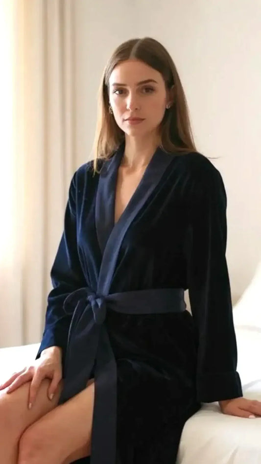 Navy Velvet Solid Robe | Gown - ELORA OFFICIAL