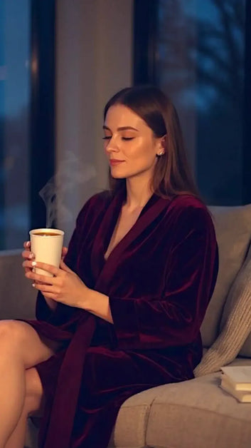 Woman in a maroon robe sitting on a sofa, holding a steaming cup of coffee, with closed eyes