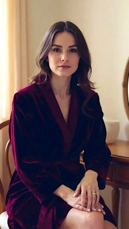 Woman wearing a burgundy velvet robe sitting on a chair in a softly lit room with wooden furniture