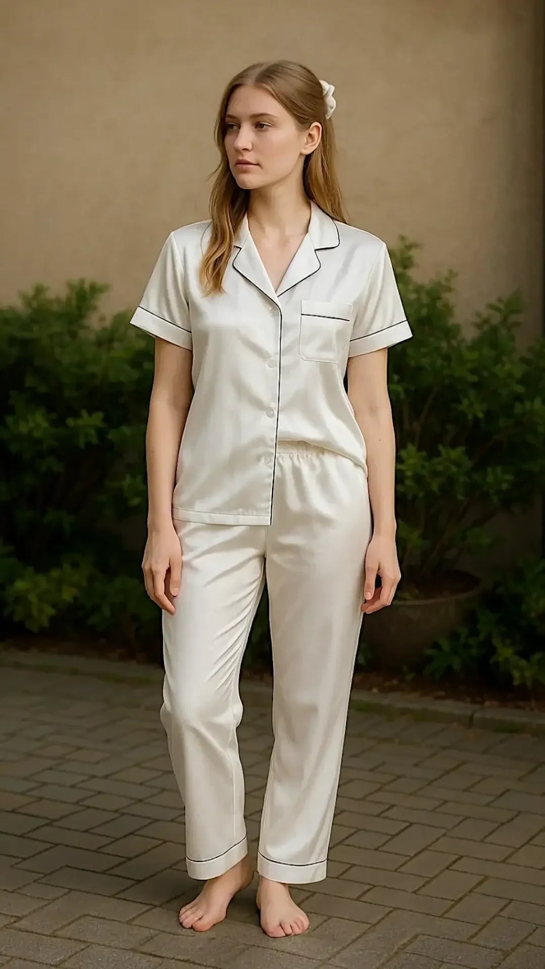 Woman wearing white satin pajamas with black piping standing barefoot on a paved surface outdoors