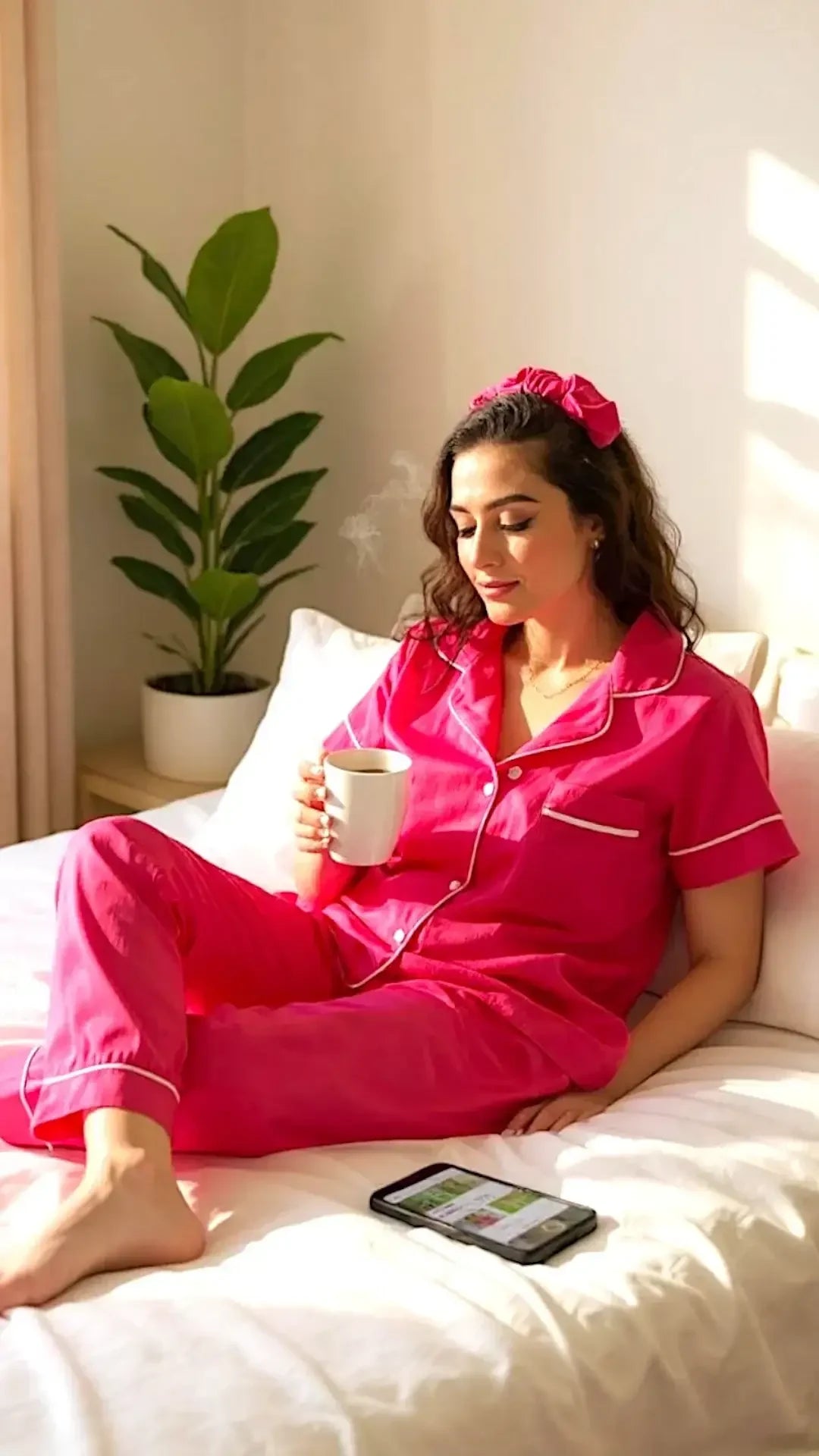 Woman in bright pink pajamas and matching hairband relaxing on bed with coffee mug and smartphone nearby