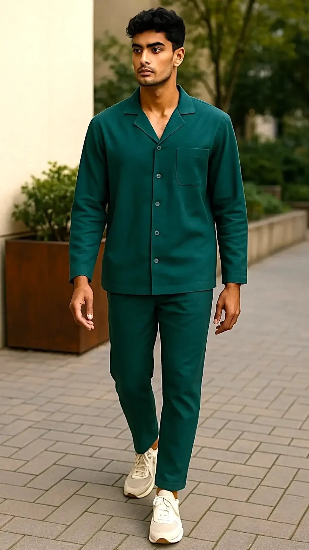 Man walking outdoors wearing dark green matching long-sleeve shirt and pants with white sneakers