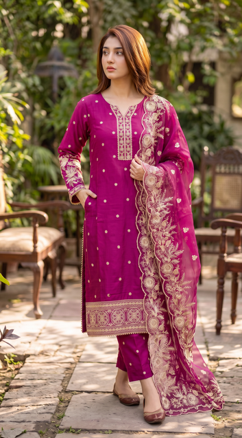 Rani Pink 3PCS Raw Silk Embroidered Suit With Organza Dupatta