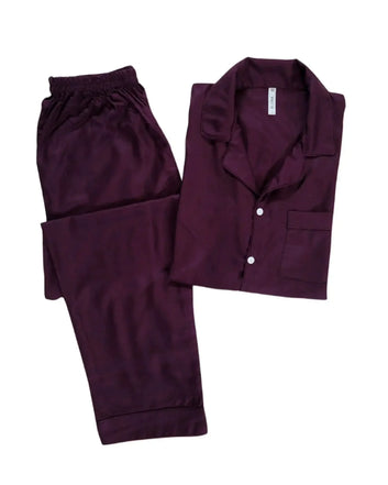Men's plum-colored linen pajama set with button-up shirt and elastic waistband pants