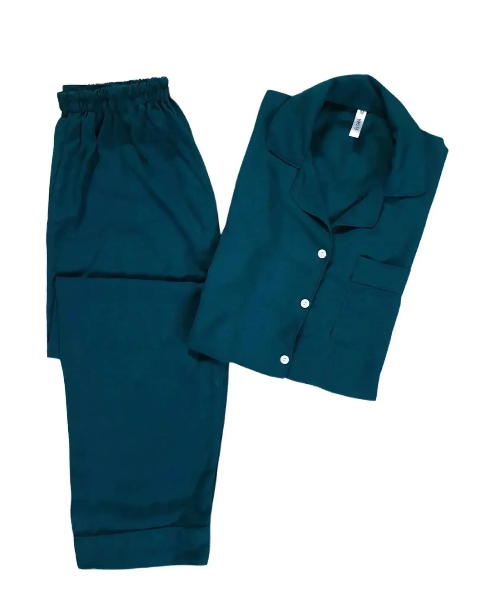 Men's solid teal linen pajamas set with button-up shirt and elastic waist pants