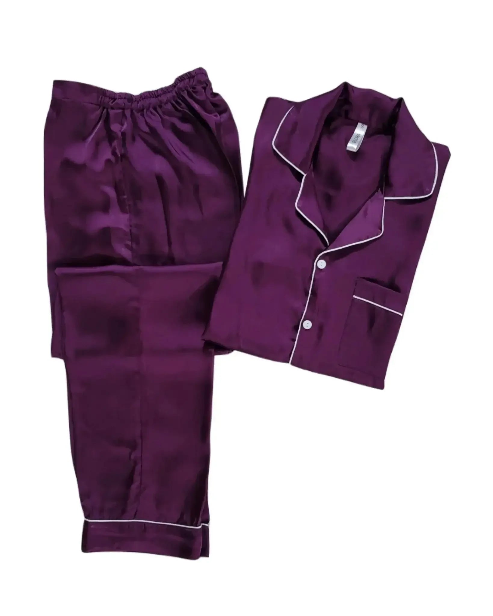 Plain plum silk pajamas set with white piping, including button-up shirt and elastic waist pants
